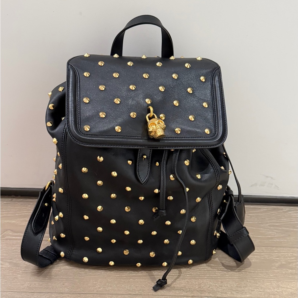 Alexander McQueen Black Leather Studded Backpack with Gold Accent